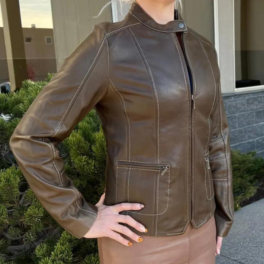 Chaqueta de cuero de cordero para mujer con cuello a presión de Plonge LeathersEX-STOCK Canada