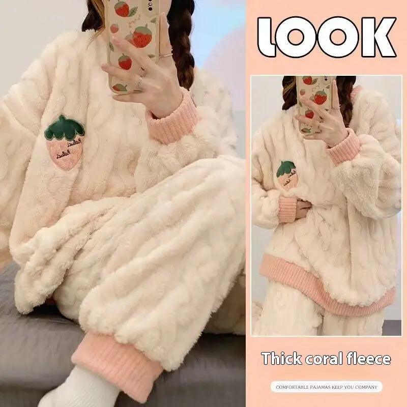 Pyjamas en peluche pour femmes automne et hiver doublés en polaire - EX-STOCK Canada