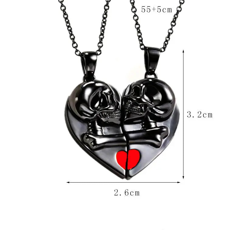 Punk Retro Skull Pendant Halloween Necklace Heart-shaped Magnetic Stitching Love Skull Couple Necklace - EX-STOCK Canada
