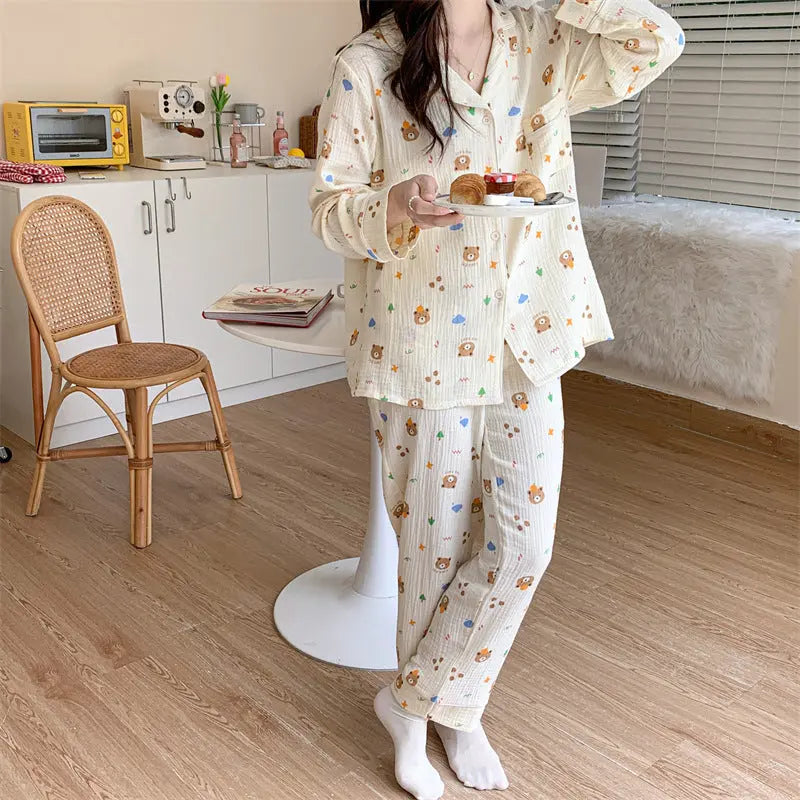 Pure Cotton Cartoon Long-sleeved Pajamas Set Letter Bear Homewear For Women - EX-STOCK Canada