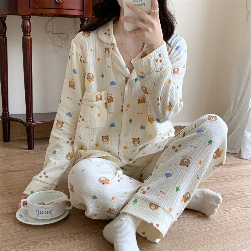 Pure Cotton Cartoon Long-sleeved Pajamas Set Letter Bear Homewear For Women - EX-STOCK Canada