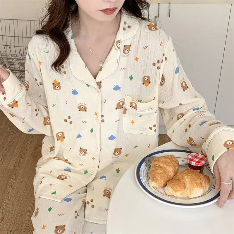 Pure Cotton Cartoon Long-sleeved Pajamas Set Letter Bear Homewear For Women - EX-STOCK Canada