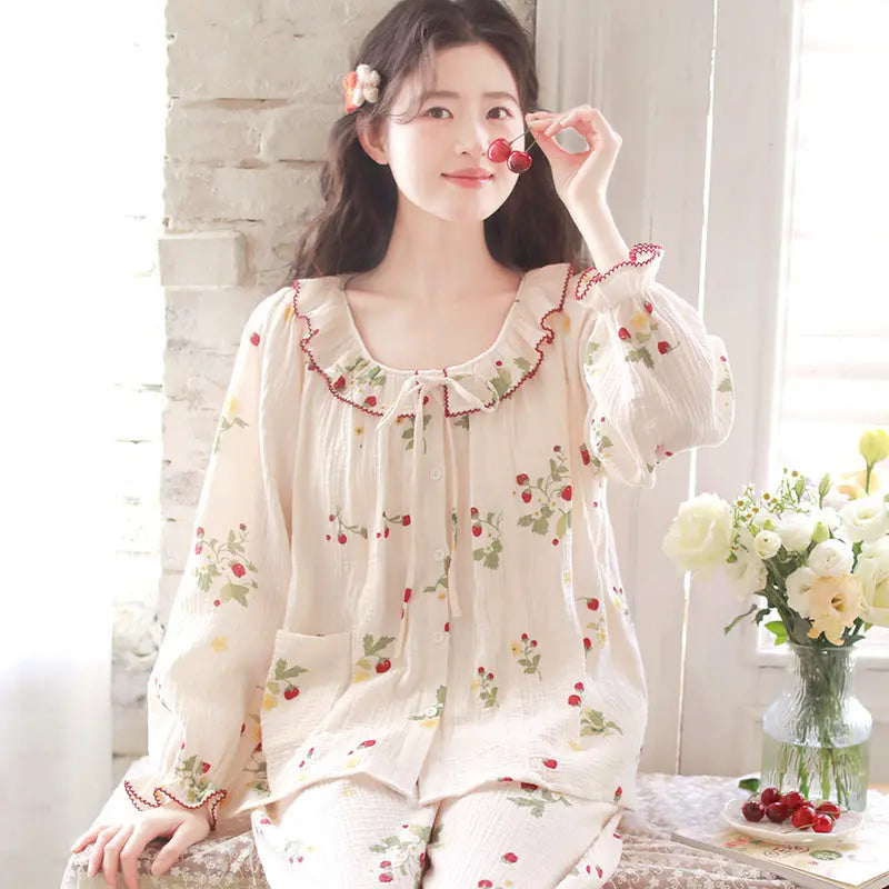 Pure Cotton Gauze Pajamas For Women Sweet And Fresh Long Sleeves With Chest Pads - EX-STOCK Canada