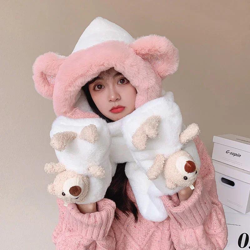 Rabbit Hair Cute Bear Hat Scarf Gloves EX-STOCK Canada
