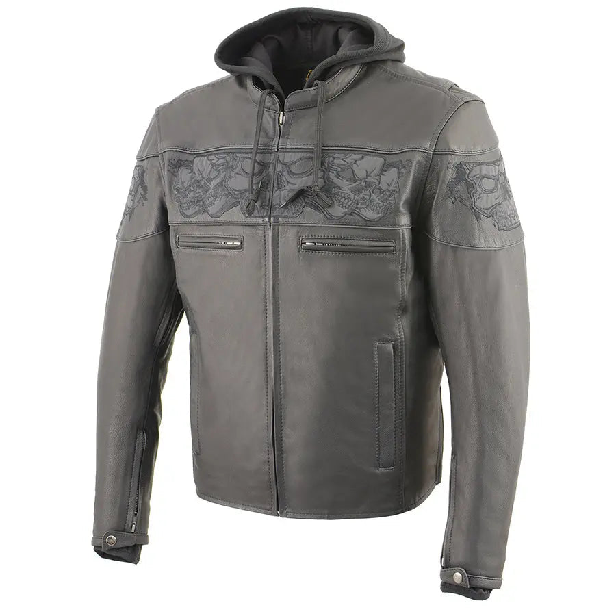 Milwaukee Leather Men's Crossover Scooter Jacket w/ Reflective Skulls & Full Sleeve Removable Hoodie EX-STOCK Canada