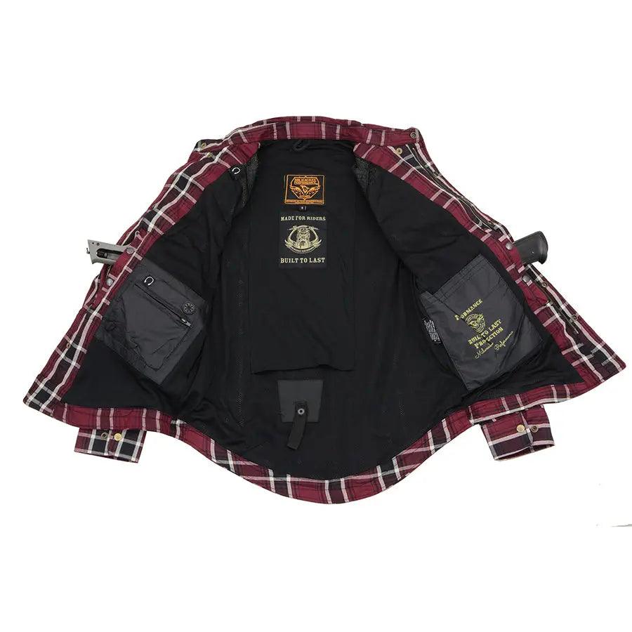 Milwaukee Leather Men's Maroon Checkered Armored Flannel Biker Shirt w/ Reinforced Fibers EX-STOCK Canada