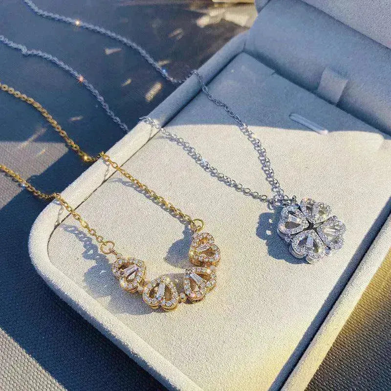 Collier pendentif femme en forme de cœur pliable magnétique rétro en trèfle à quatre feuilles - EX-STOCK CANADA