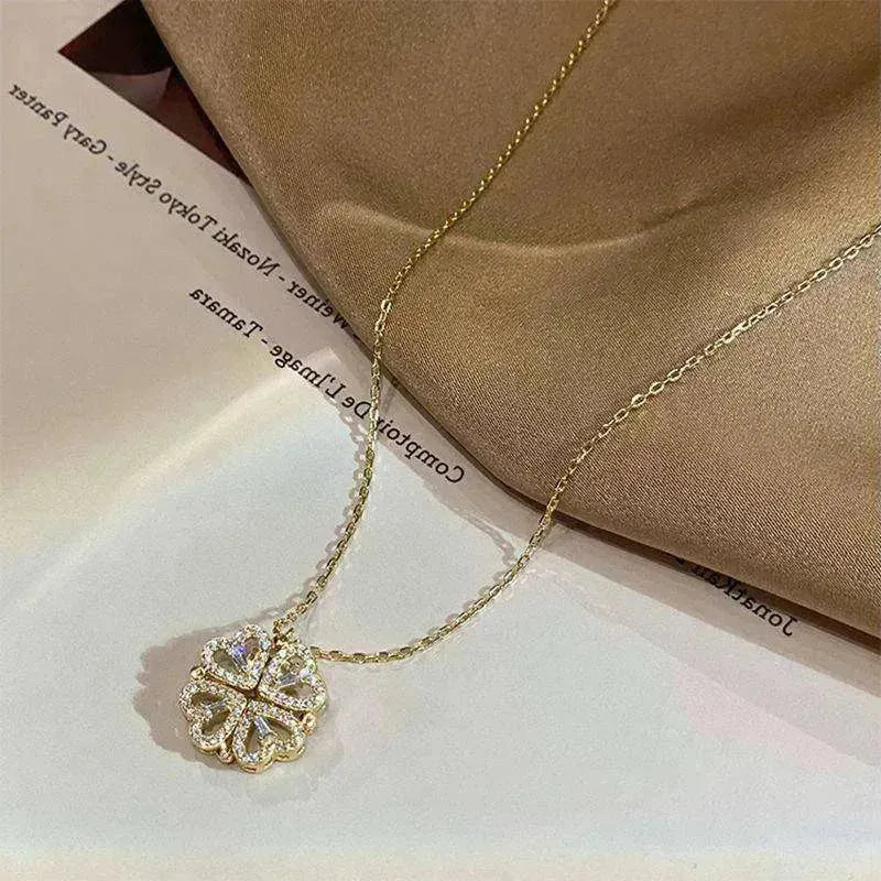 Collier pendentif femme en forme de cœur pliable magnétique rétro en trèfle à quatre feuilles - EX-STOCK CANADA