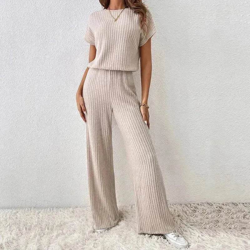 Round Neck Solid Color Fashion Knitted Top And Trousers Two-piece Set - EX-STOCK Canada