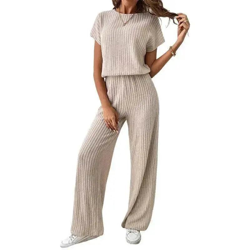 Ensemble deux pièces haut et pantalon tricotés à col rond et couleur unie - EX-STOCK Canada