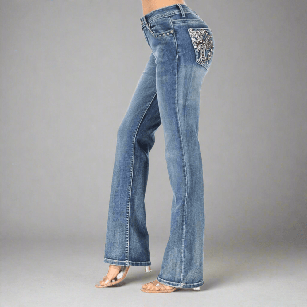 Women's Rhinestone Embellished Bootcut Jeans with Angel Wing Cross Back Pocket & Sequined Detail EX-STOCK Canada