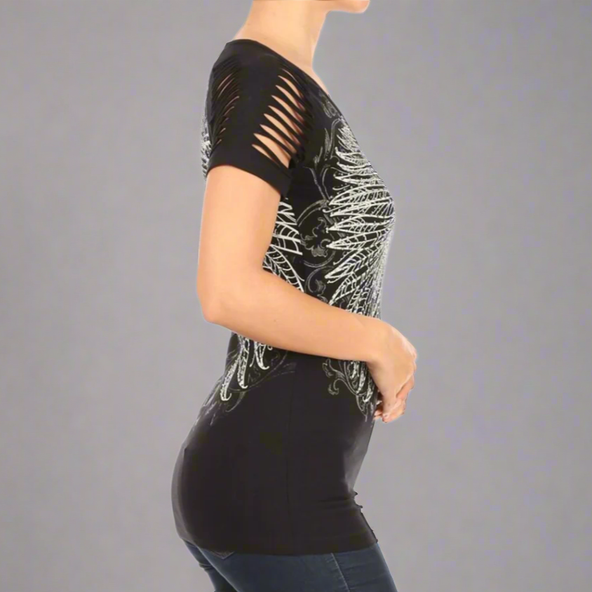 قميص نسائي بولو بأجنحة ملاك مزين بأحجار الراينEX-STOCK Canada