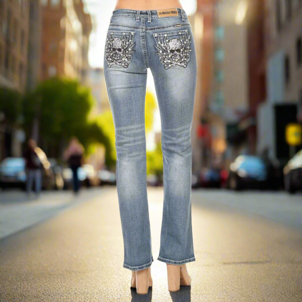Jeans acampanados para mujer Platinum Plush con calavera y huesos de piedras brillantesEX-STOCK Canada
