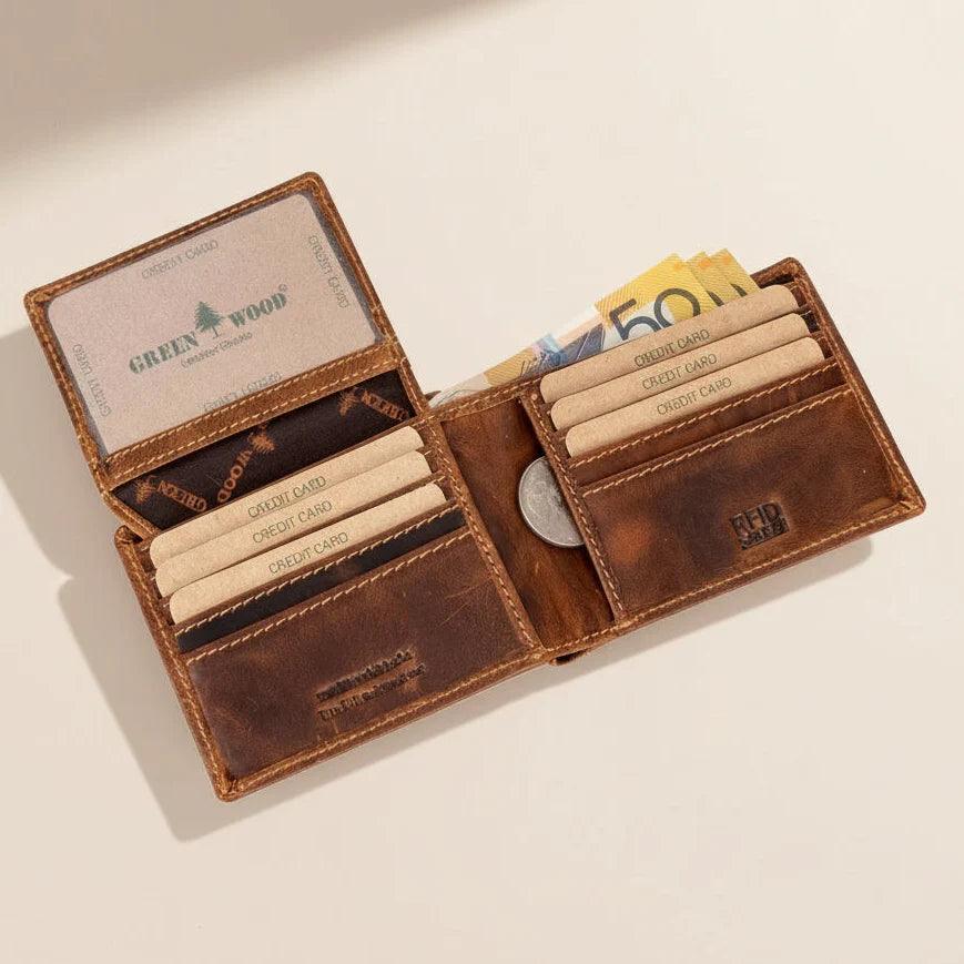 Portefeuille à deux volets en cuir Greenwood pour hommes. Portefeuille de protection RFID haut de gamme avec compartiment rabattable