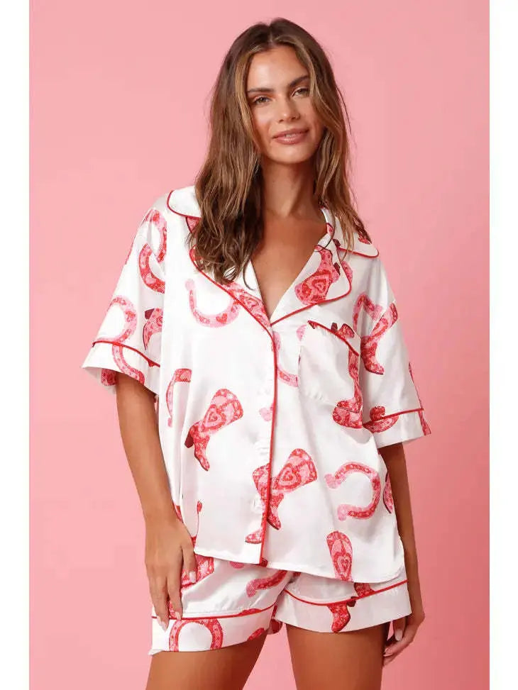 Satin Printed Two-piece Suit Pajamas For Women - EX-STOCK Canada