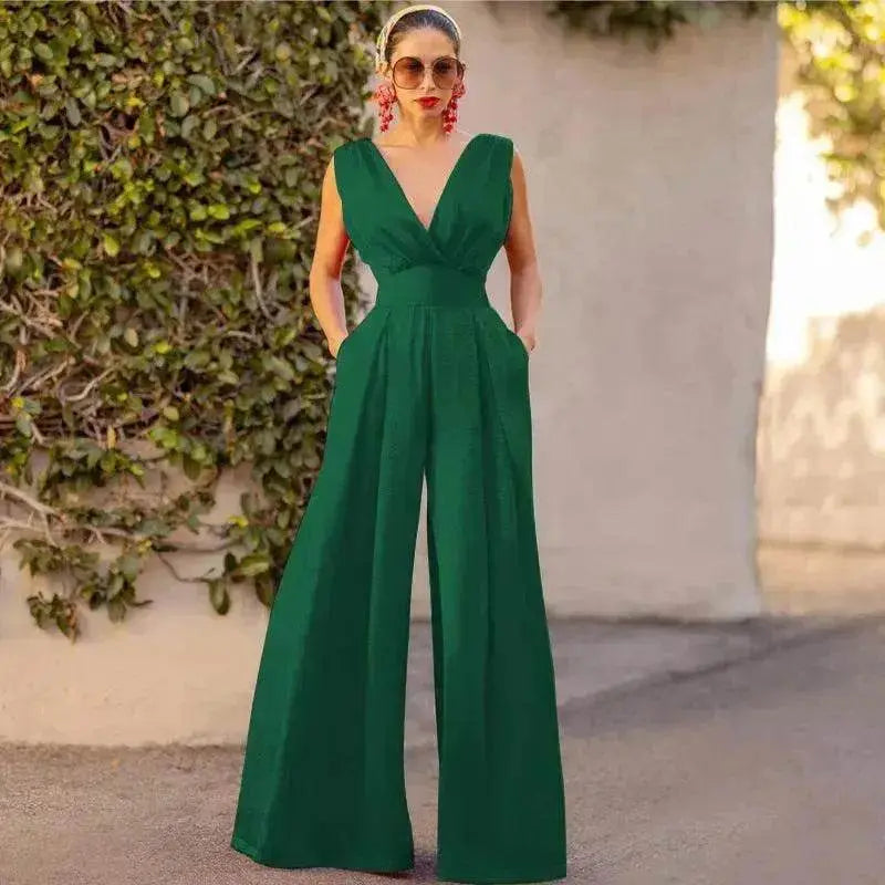 Solid Color And V-neck High Waist Wide Leg Jumpsuit - EX-STOCK Canada