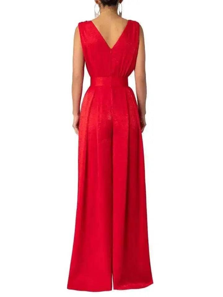 Solid Color And V-neck High Waist Wide Leg Jumpsuit - EX-STOCK Canada