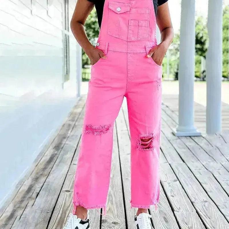 Salopette en jean à jambes larges rose uni pour femmes, déchirée style street - EX-STOCK Canada