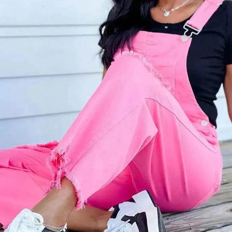Salopette en jean à jambes larges rose uni pour femmes, déchirée style street - EX-STOCK Canada