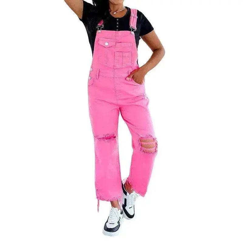 Salopette en jean à jambes larges rose uni pour femmes, déchirée style street - EX-STOCK Canada