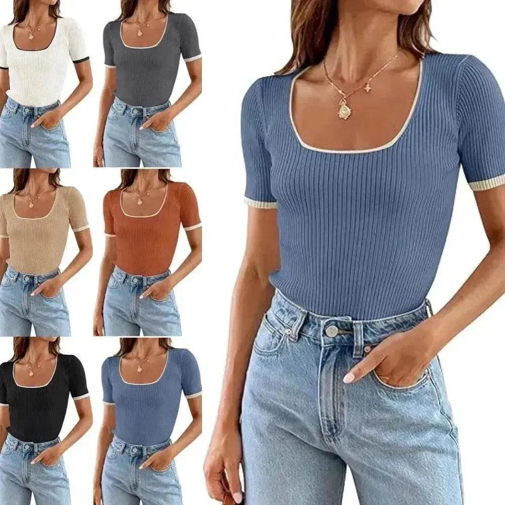 Hauts T-shirt décontracté à manches courtes basique à col carré - EX-STOCK Canada