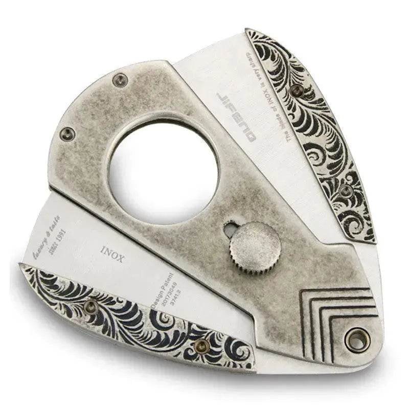 Solid Brass Engraved Double-edged Cigar Cutter with Leather Holster