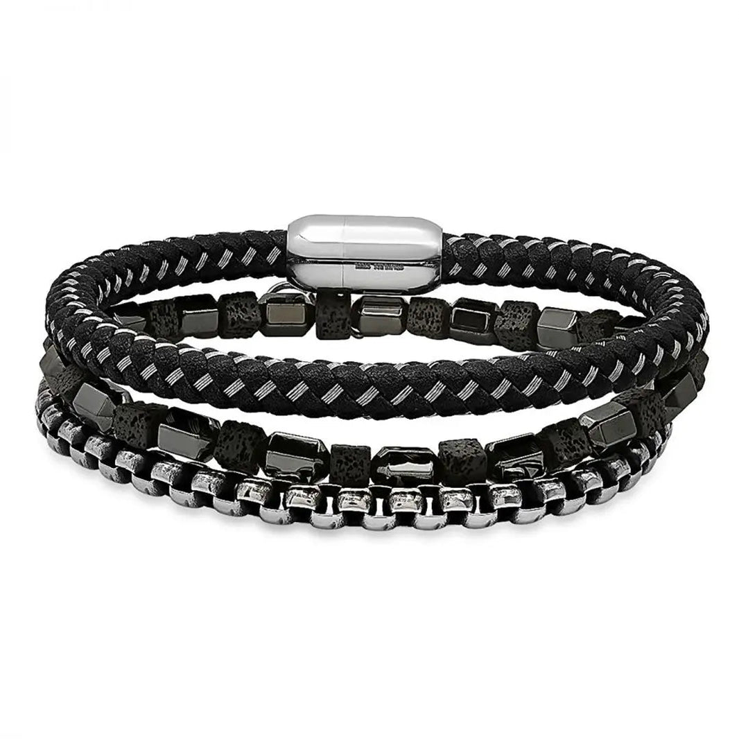 SteelTime Men's Black Leather and Stainless Steel Bracelets with Haematite and Lava Stone EX-STOCK Canada