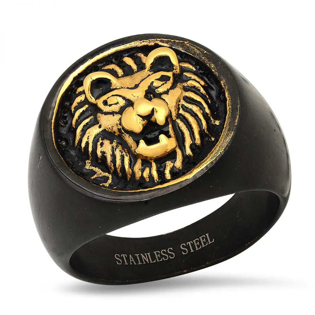 Anillo de sello para hombre SteelTime de acero inoxidable negro con león doradoEX-STOCK Canada