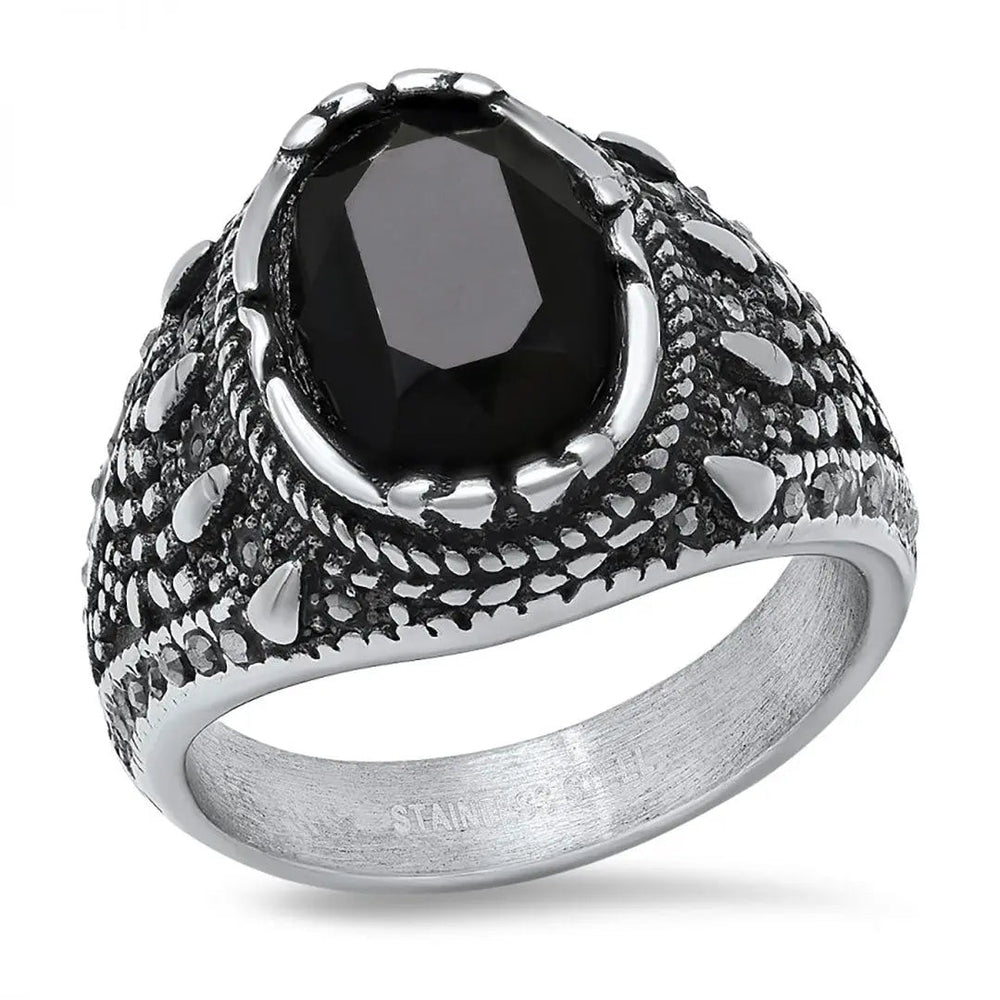 Bague pour hommes SteelTime en acier inoxydable de style gothique avec diamant noir simuléEX-STOCK Canada