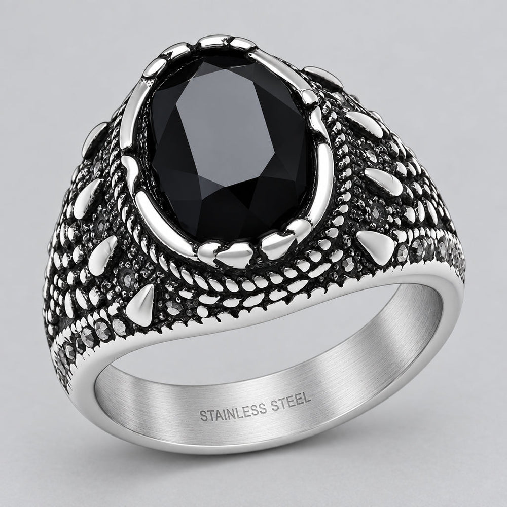 SteelTime Men's Stainless Steel Gothic Simulated Black Diamond Ring