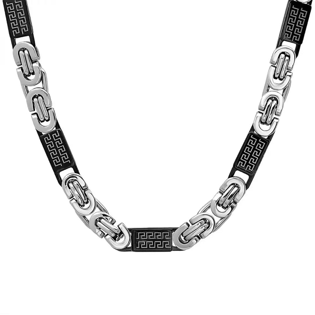 Collar bizantino de acero inoxidable y IP negro de dos tonos para hombre SteelTime con detalles de clave griegaEX-STOCK Canada