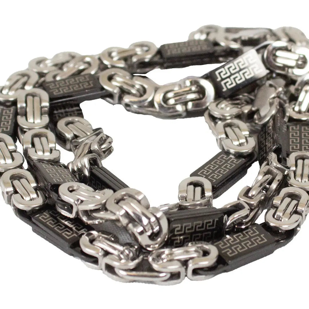Collar bizantino de acero inoxidable y IP negro de dos tonos para hombre SteelTime con detalles de clave griegaEX-STOCK Canada