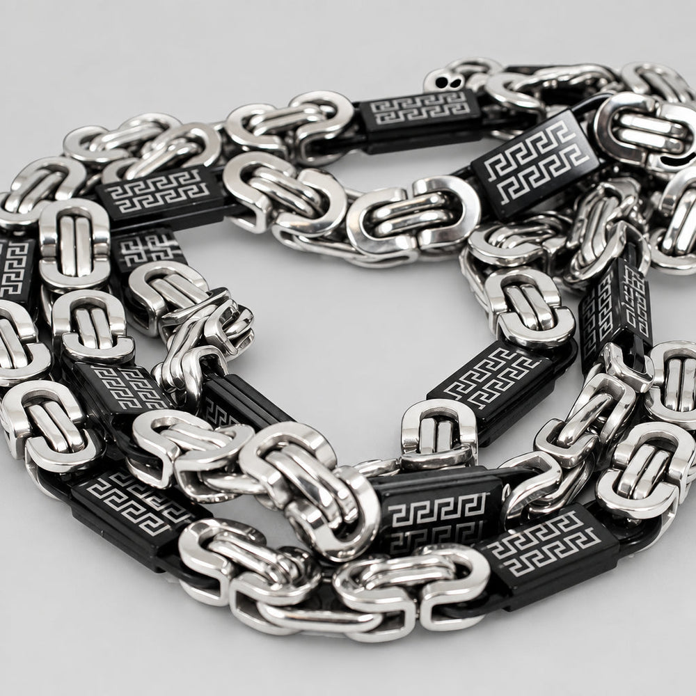 SteelTime Men's Two Tone Stainless Steel and Black IP Byzantine Necklace with Greek Key Accents