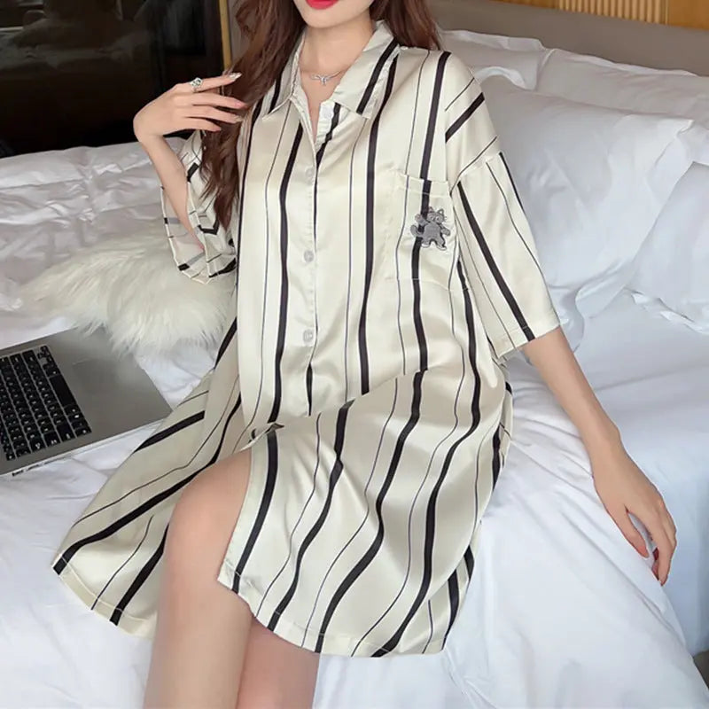 Striped Shirt Dress Short Sleeve Plus Size Loose Pajamas For Women - EX-STOCK Canada
