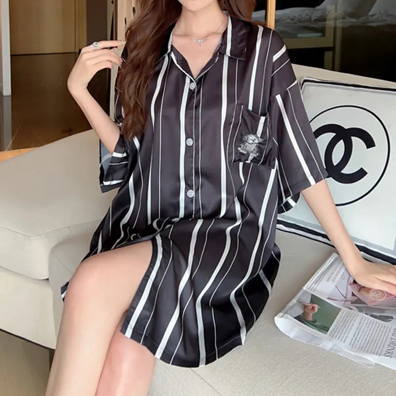 Striped Shirt Dress Short Sleeve Plus Size Loose Pajamas For Women - EX-STOCK Canada