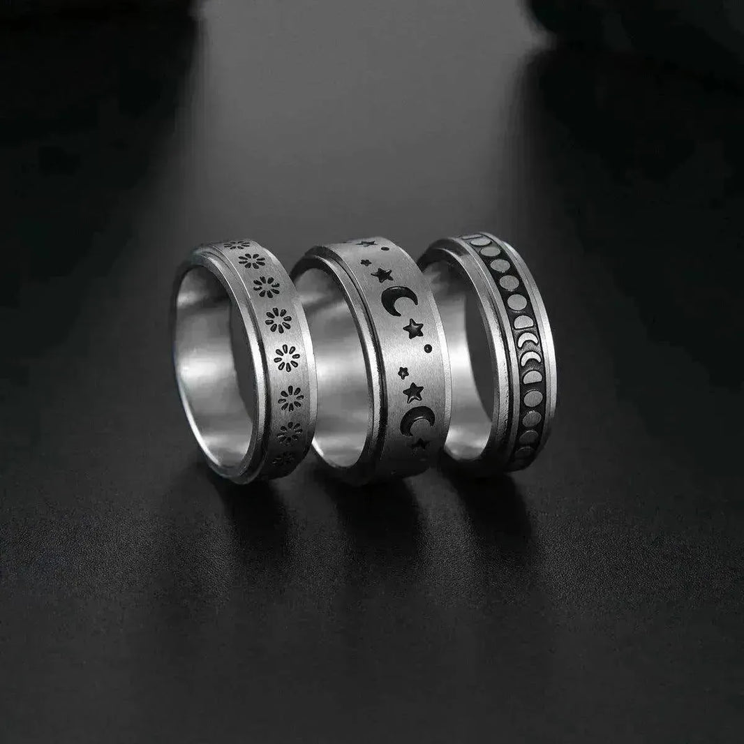Bague pour femme en acier inoxydable titane avec étoiles et lune rotatives - EX-STOCK CANADA