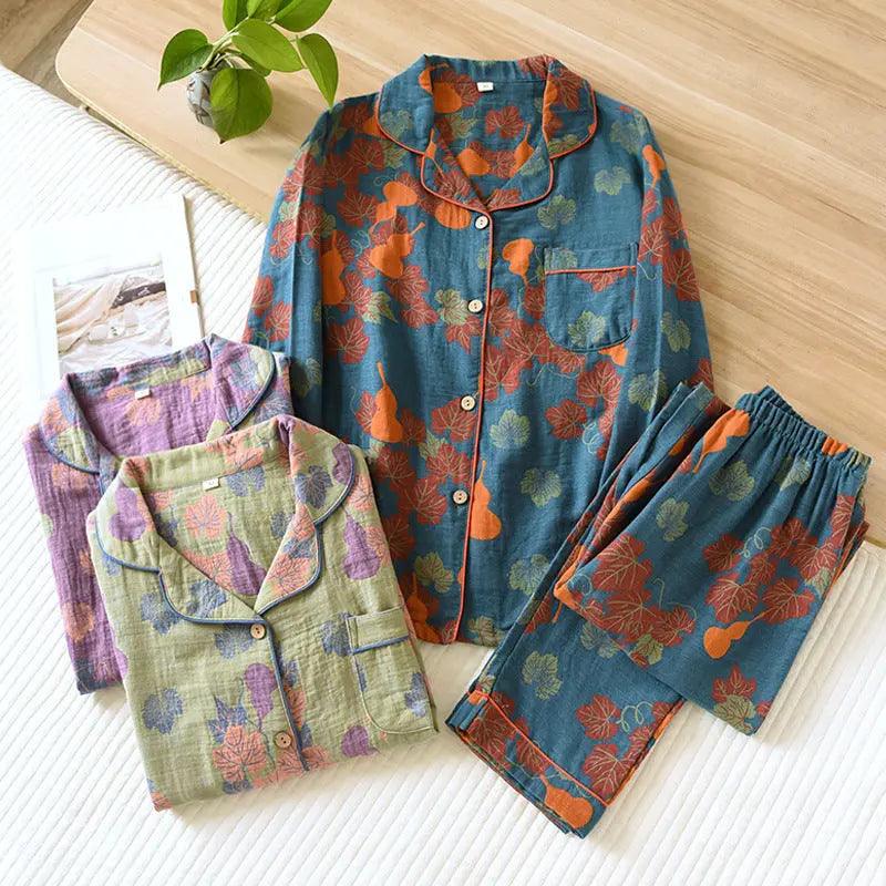 Thin Cotton Gauze Yarn-dyed Jacquard Pajamas Suit For Women - EX-STOCK Canada