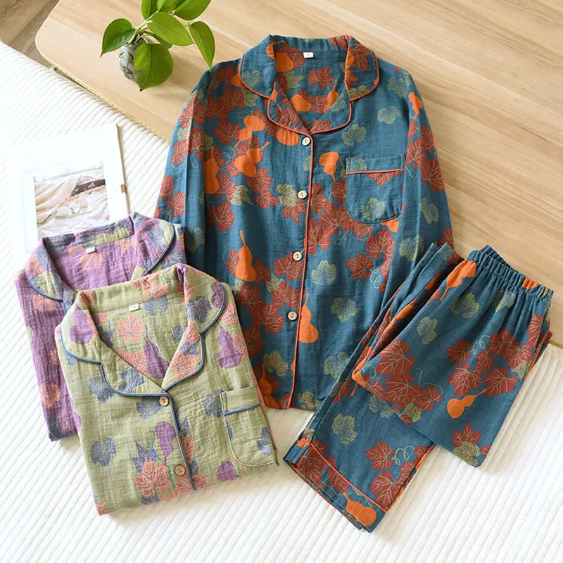 Thin Cotton Gauze Yarn-dyed Jacquard Pajamas Suit For Women - EX-STOCK Canada