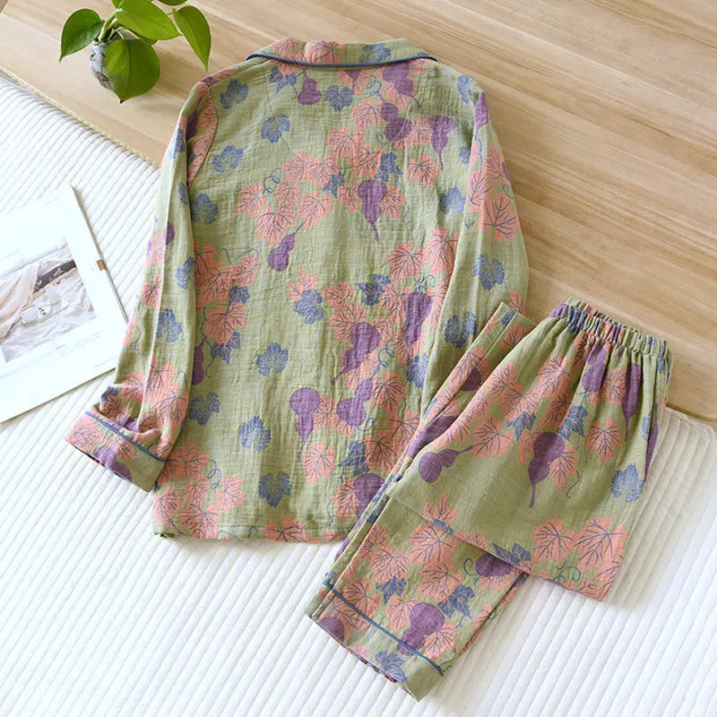 Thin Cotton Gauze Yarn-dyed Jacquard Pajamas Suit For Women - EX-STOCK Canada
