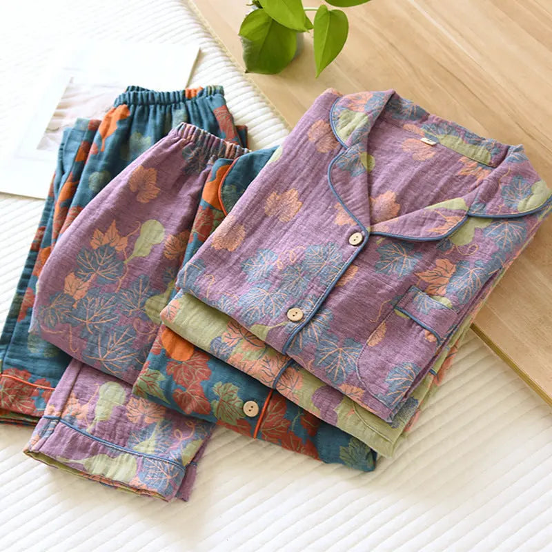 Thin Cotton Gauze Yarn-dyed Jacquard Pajamas Suit For Women - EX-STOCK Canada