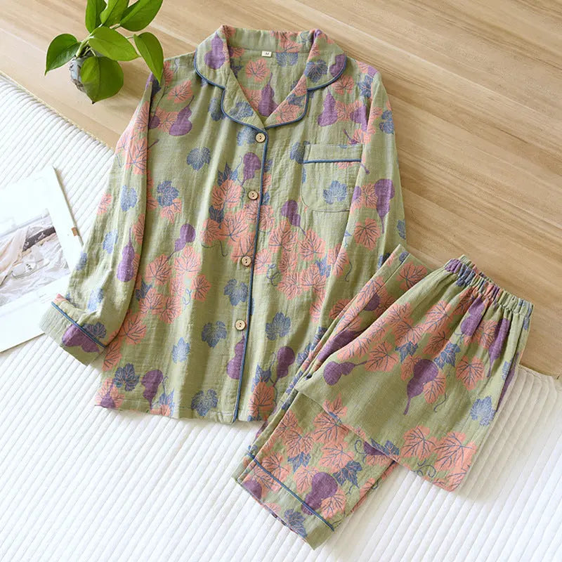 Thin Cotton Gauze Yarn-dyed Jacquard Pajamas Suit For Women - EX-STOCK Canada