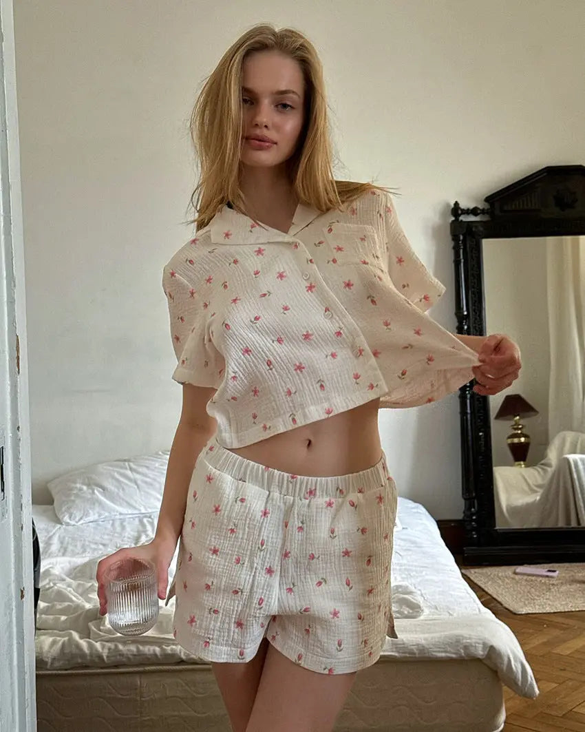 Thin Cotton Printed Comfortable Loose Breathable Short-sleeved Shorts Summer Pajamas Home Wear For Women - EX-STOCK Canada