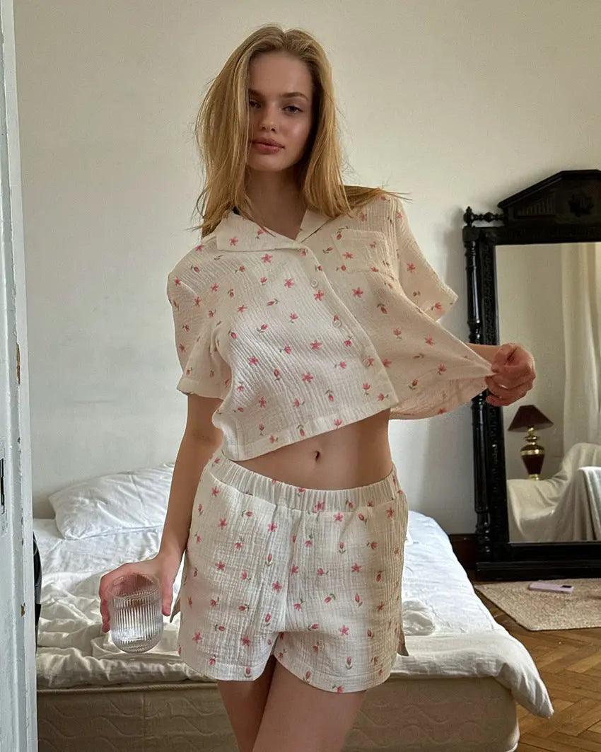 Thin Cotton Printed Comfortable Loose Breathable Short-sleeved Shorts Summer Pajamas Home Wear For Women - EX-STOCK Canada
