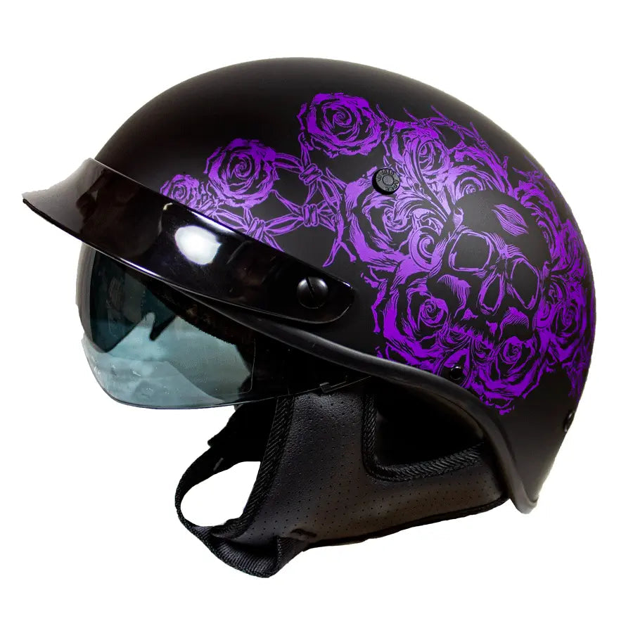 Casco Mitad VOSS 707FRP Negro con Calavera y Rosa con ViseraEX-STOCK Canada
