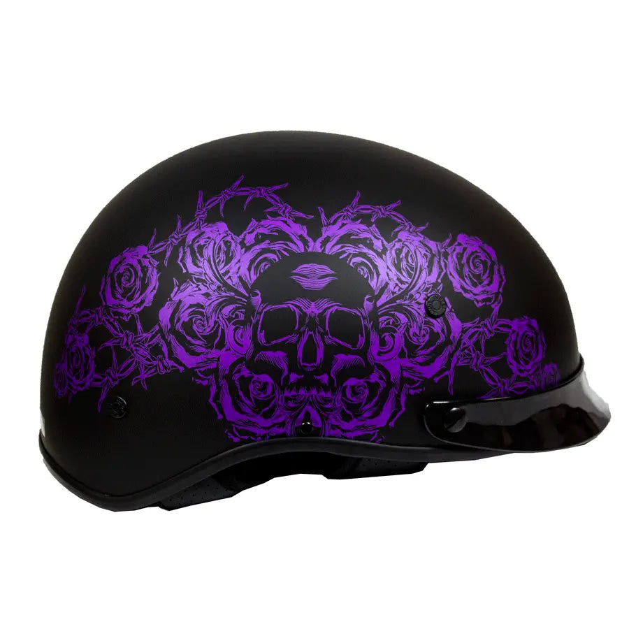 Casco Mitad VOSS 707FRP Negro con Calavera y Rosa con ViseraEX-STOCK Canada