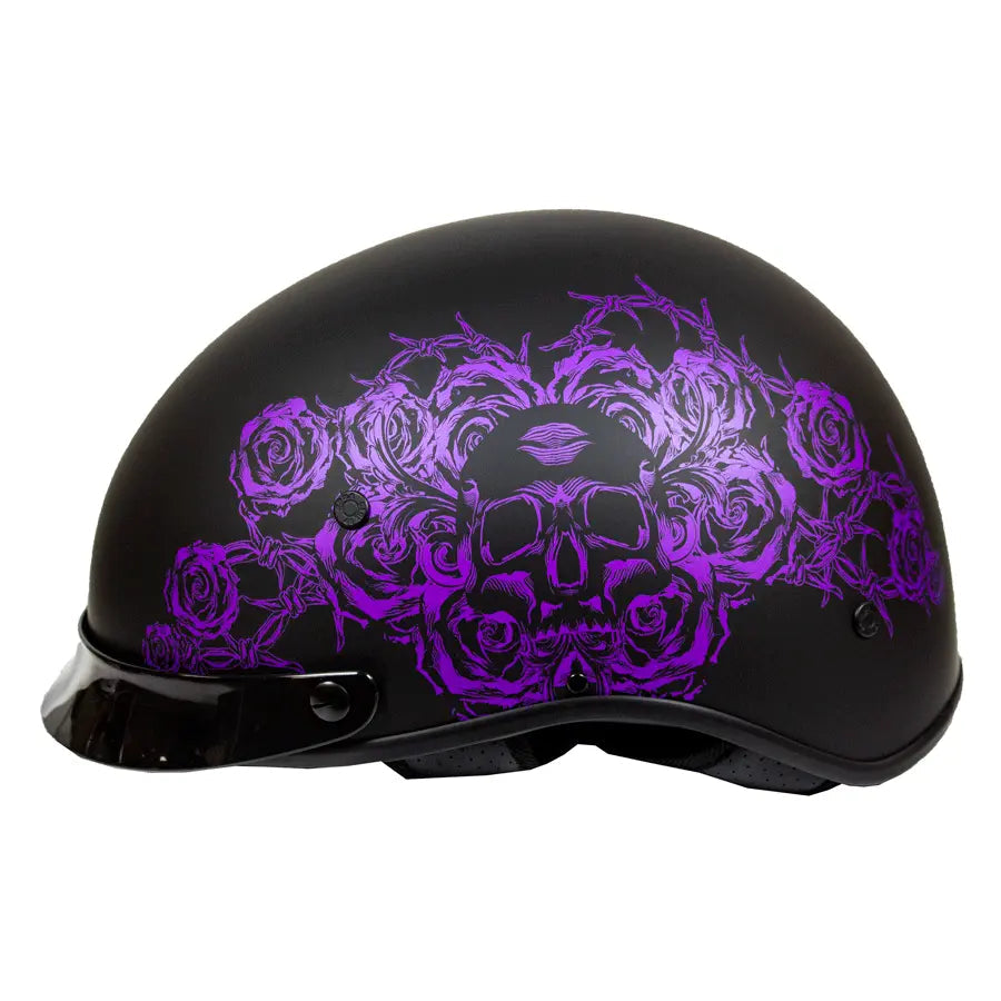 Casco Mitad VOSS 707FRP Negro con Calavera y Rosa con ViseraEX-STOCK Canada