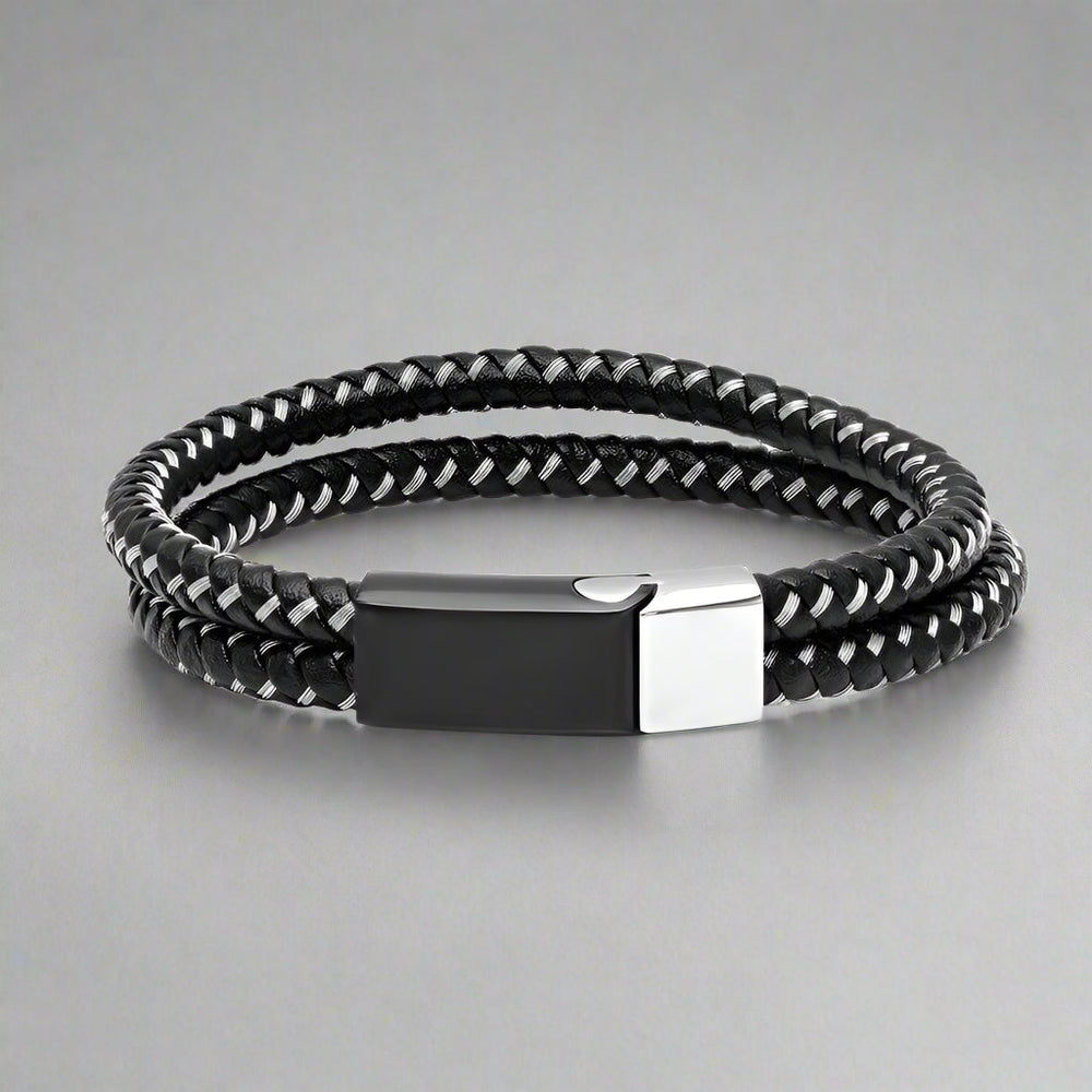 Pulsera de hombre de cuero negro y acero inoxidable trenzadoEX-STOCK Canada