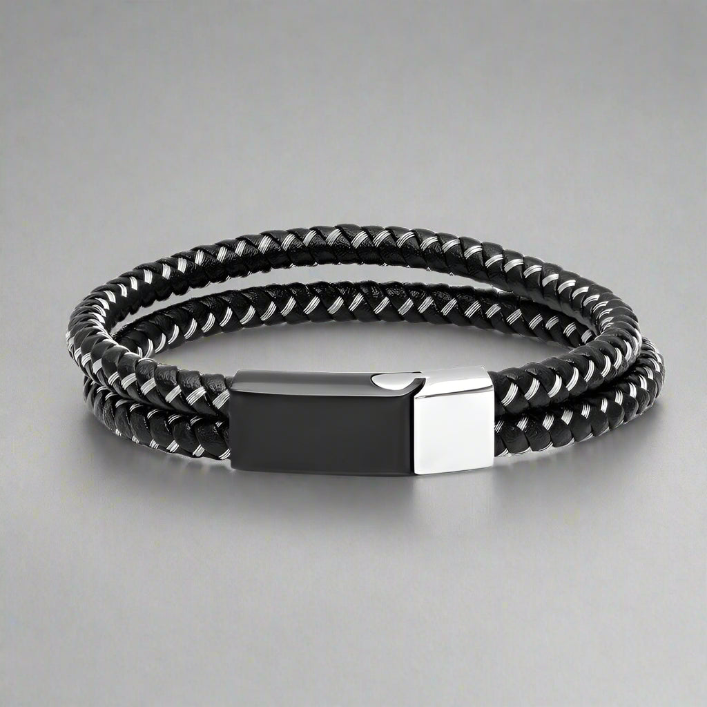 Pulsera de hombre de cuero negro y acero inoxidable trenzadoEX-STOCK Canada