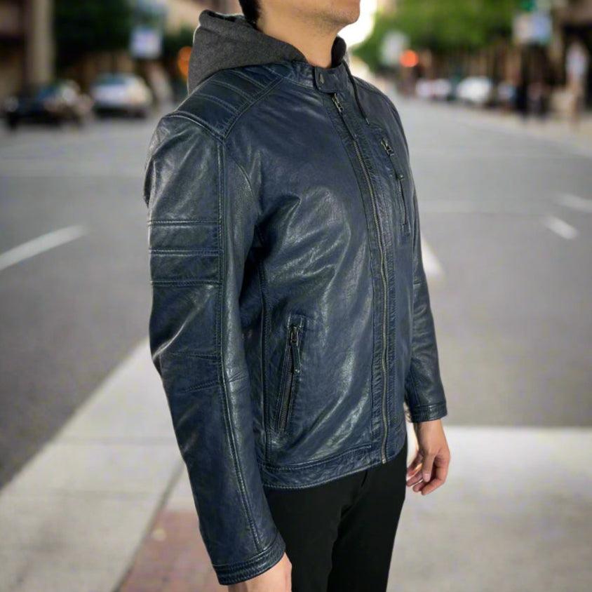 Veste en cuir de mouton pour homme avec capuche amovibleEX-STOCK Canada