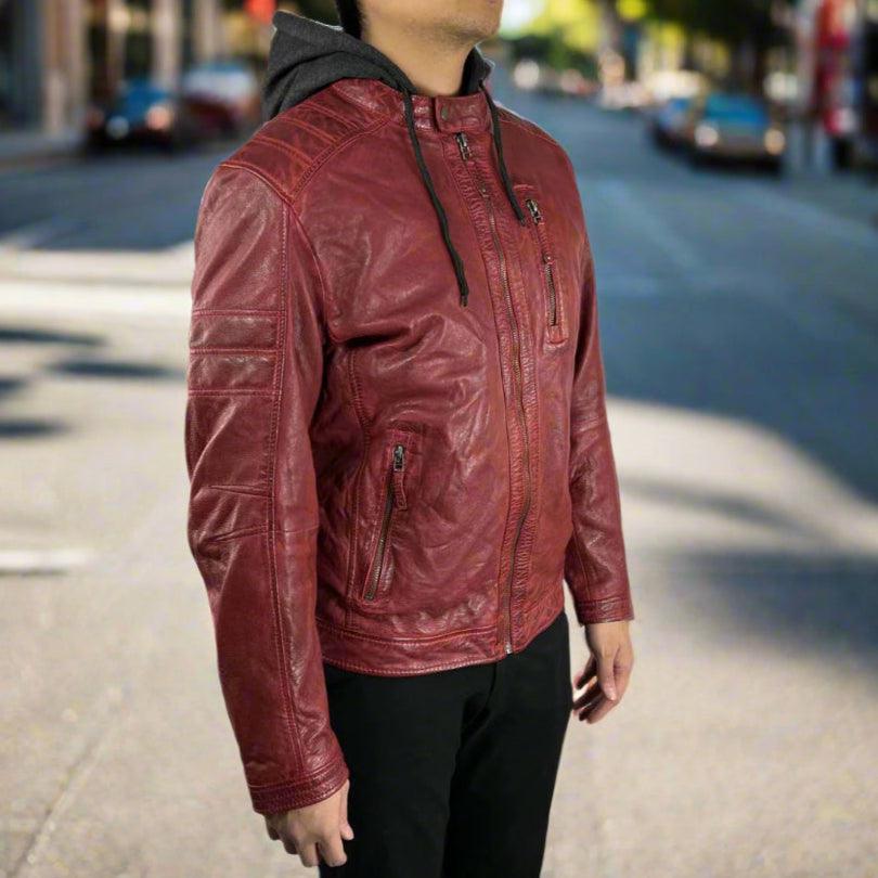 Veste en cuir de mouton pour homme avec capuche amovibleEX-STOCK Canada